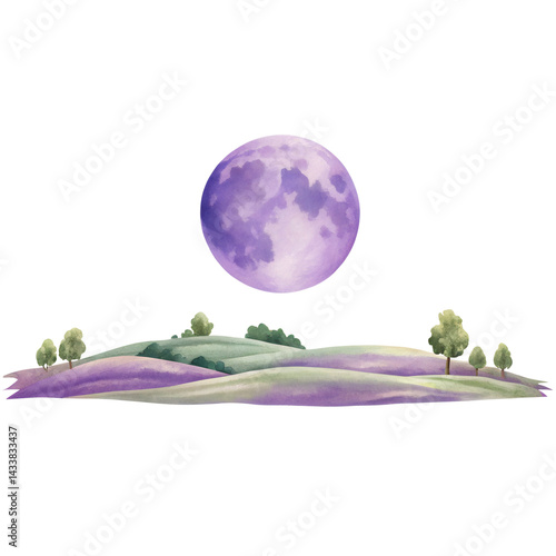Purple moon over rolling hills with trees in peaceful watercolor landscape