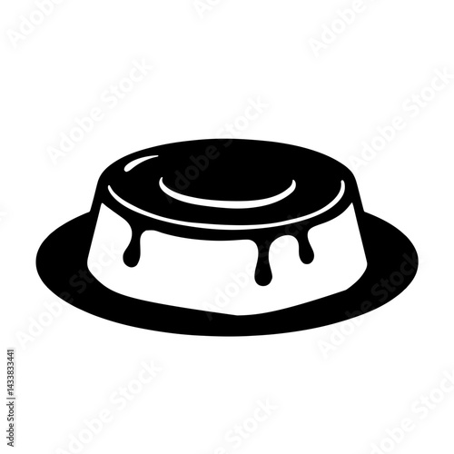Minimalist black silhouette of flan dessert with caramel drips
