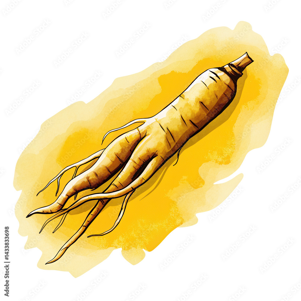 Ginseng root with natural texture and earthy tones on yellow background