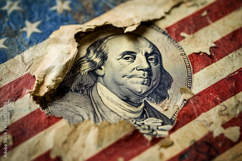 Dollar symbol with falling arrow, representing economic crisis, inflation, and recession in the USA, featuring Franklin portrait and elements of financial downturn under Trump influence