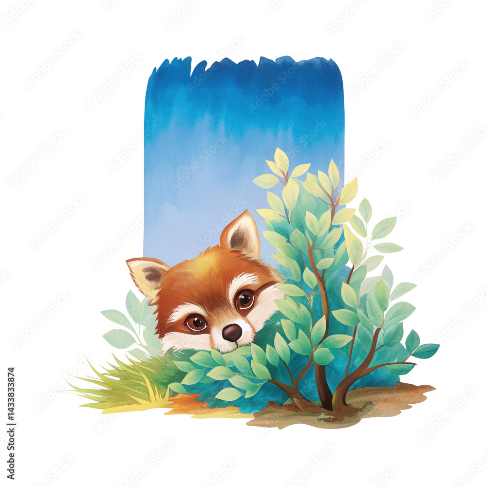 Cute red fox peeking through green bushes with blue sky background, charming and curious