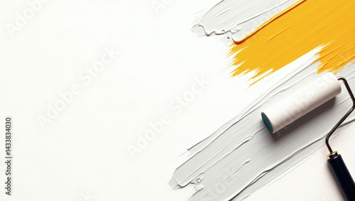 Paint roller and brushstrokes background in gray and yellow tones