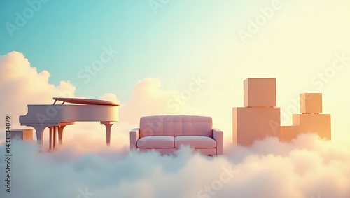 Furniture and boxes floating in sky in dreamy moving concept