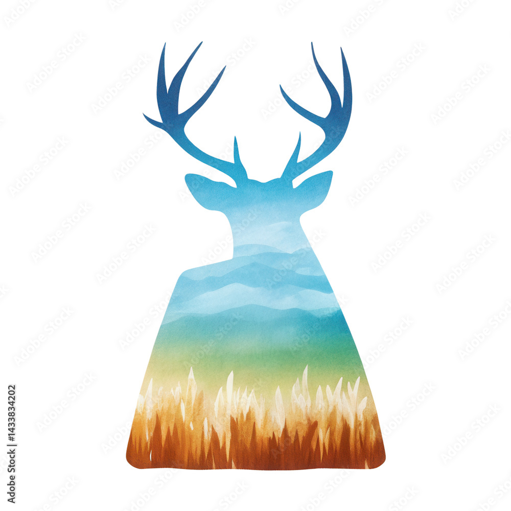 Deer silhouette with nature landscape of grass and mountains in blue and brown tones