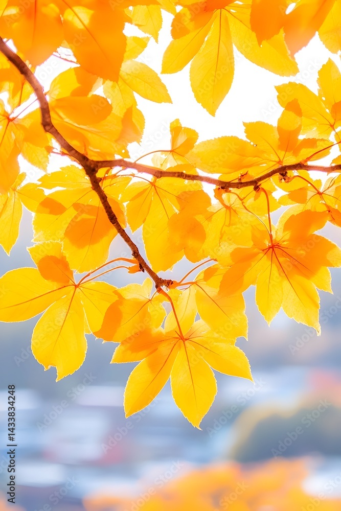 Vibrant yellow autumn leaves on a branch, backlit by sunlight against a blurred background Vibrant yellow autumn leaves on a branch, backlit by sunlight against a blurred background