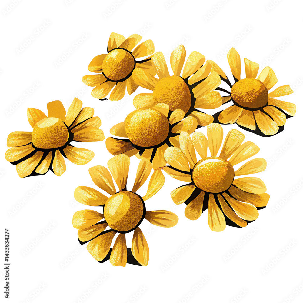 Yellow daisy flowers with bright petals and textured centers in cheerful arrangement