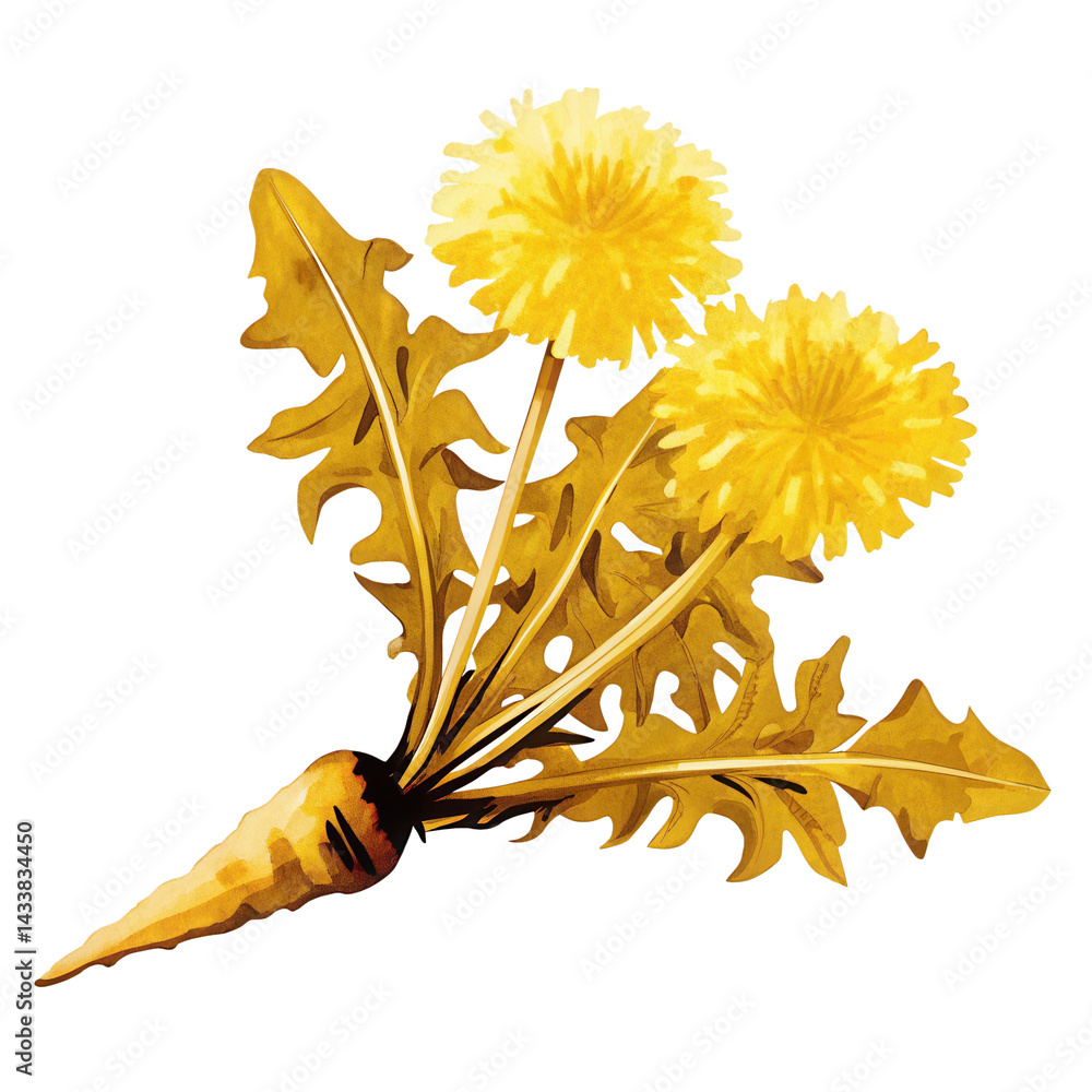 Dandelion plant with yellow flowers and root showing natural botanical illustration