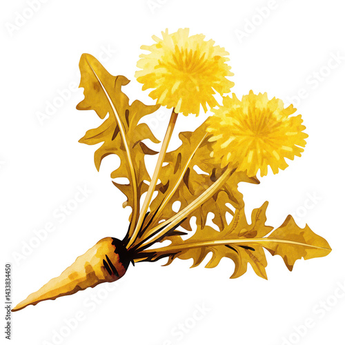 Obraz na płótnie Dandelion plant with yellow flowers and root showing natural botanical illustration w salonie
