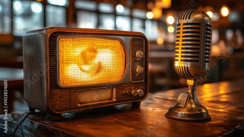 Vintage Radio and Microphone on Wooden Table