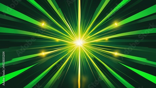 Asymmetric green light burst on dark background