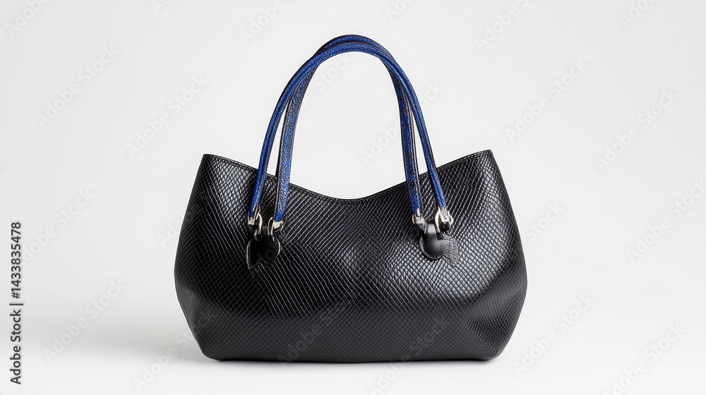 Naklejka premium Black Textured Handbag with Blue and White Braided Handles on Light Gray Background