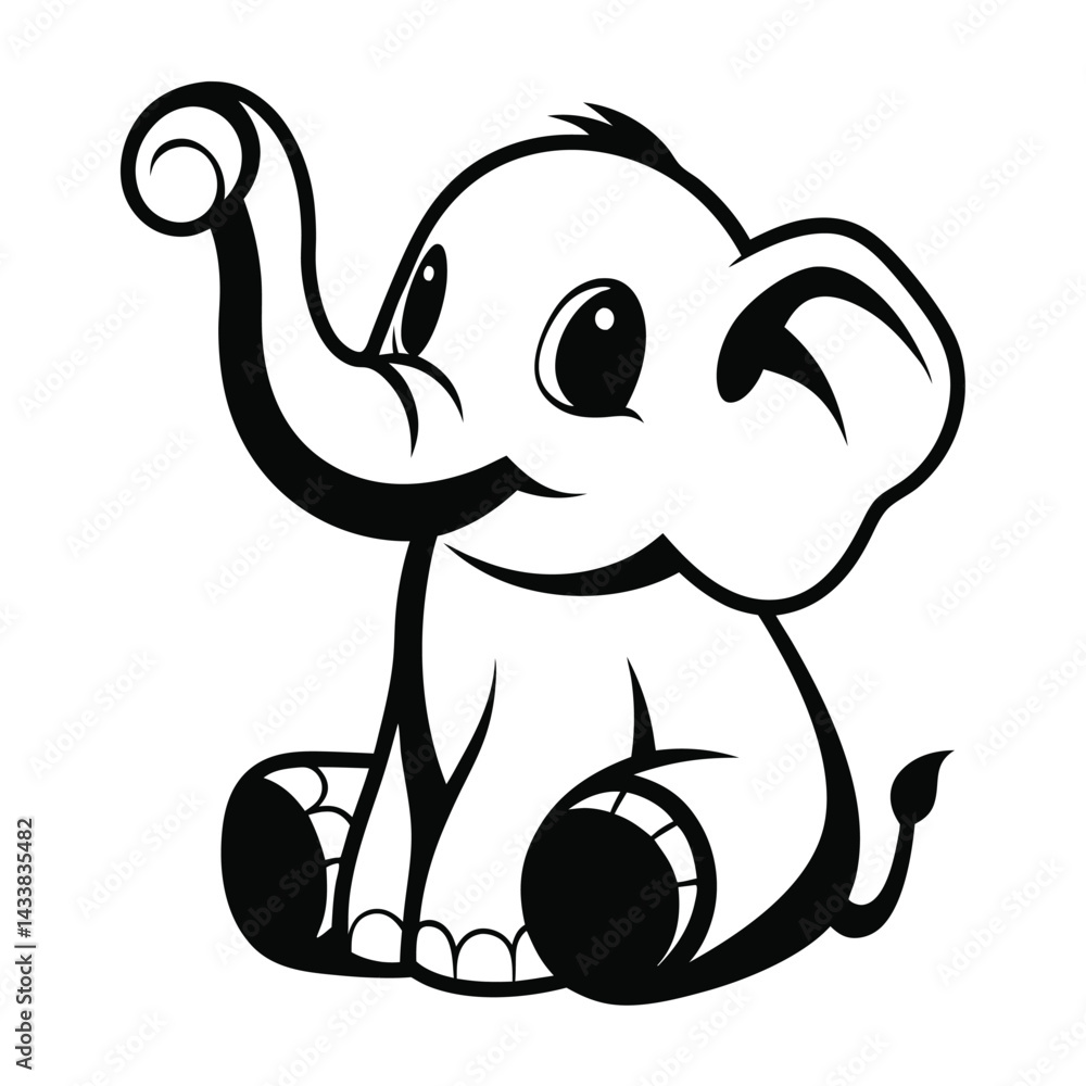 Fototapeta premium Playful Cartoon Elephant Sitting Happily with a Raised Trunk