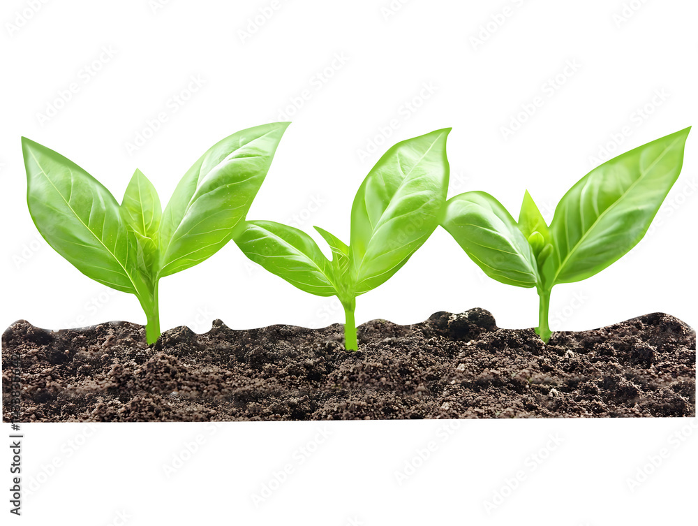 Naklejka premium Three basil seedlings in soil on transparent background isolated on transparent background