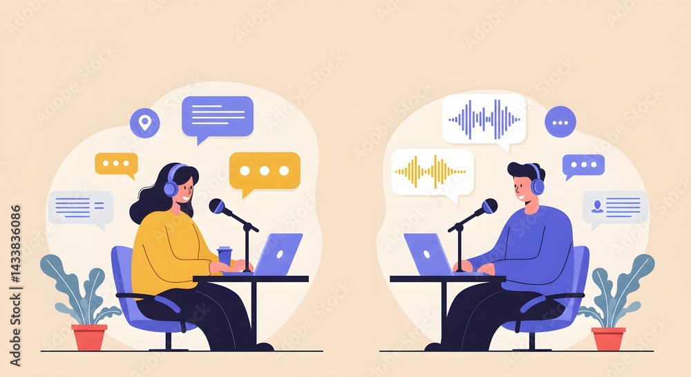 Podcast Hosts: Modern Studio Recording Illustration Podcast Hosts: Modern Studio Recording Illustration