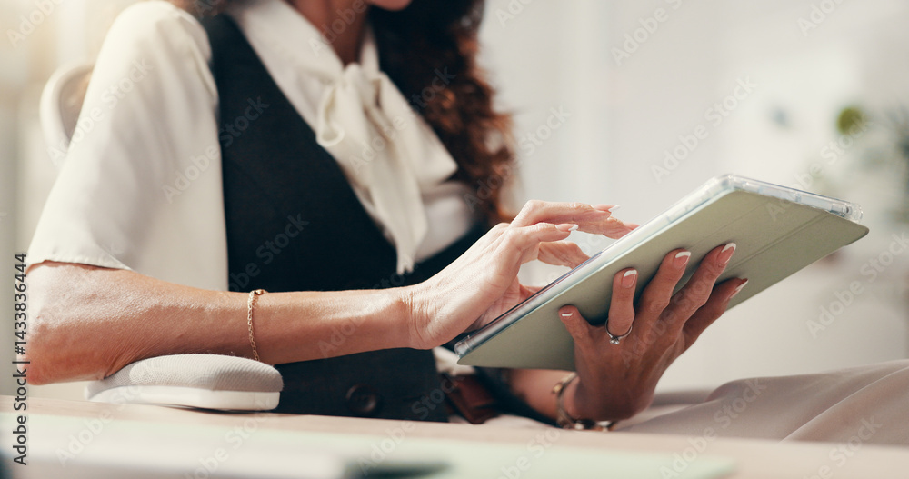 Business, hands and tablet with person in office for editing, publishing or proofreading. Information, research and review with professional employee in workplace for online article post or update