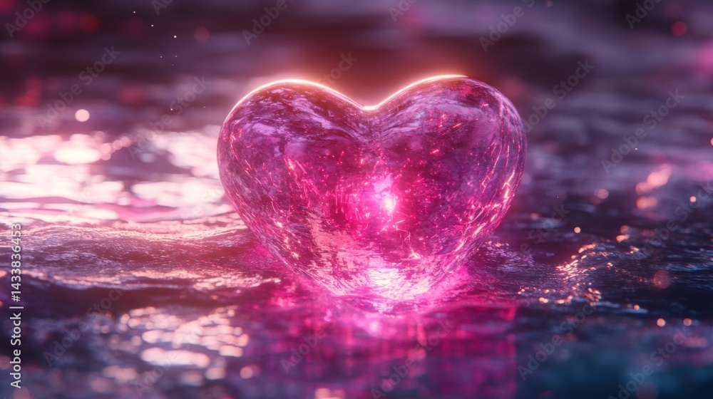 Glowing Pink Crystal Heart on Water Surface Glowing Pink Crystal Heart on Water Surface
