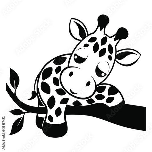 Adorable Cartoon Giraffe Resting Lovingly on a Tree Branch

