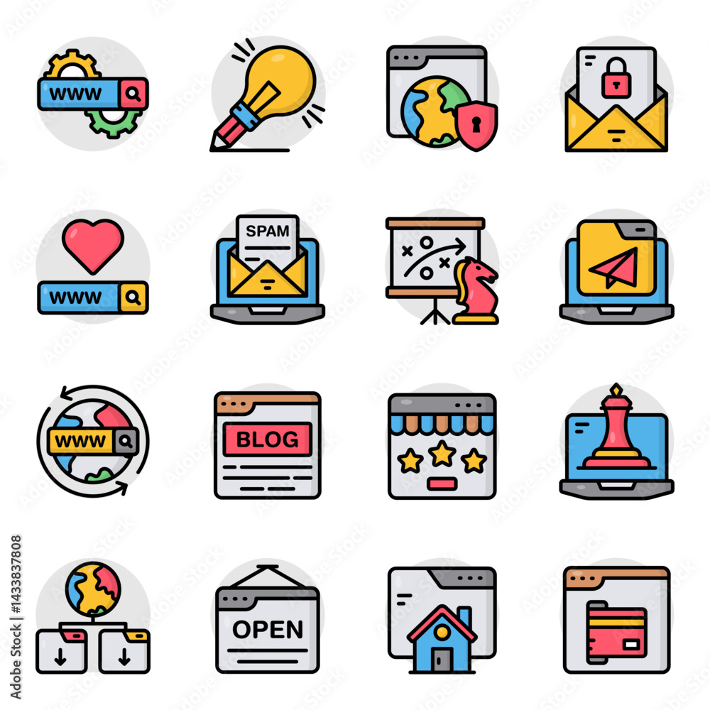Obraz premium Set of Seo and Network Flat Icons