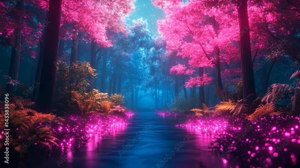 Fototapeta premium Pink And Blue Glowing Forest Path At Night