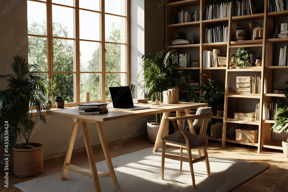 A peaceful and productive home office setup with natural light and earthy wooden furnishings. A peaceful and productive home office setup with natural light and earthy wooden furnishings.