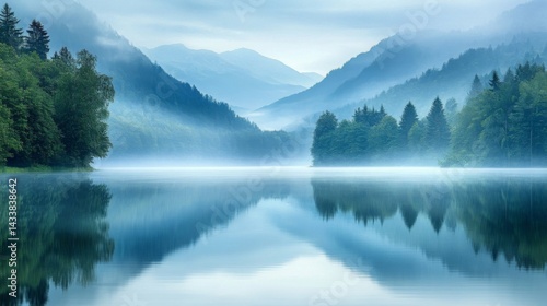 Misty Mountain Lake Reflection