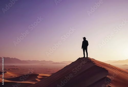 Person standing on sand dune at sunset in vast desert landscape