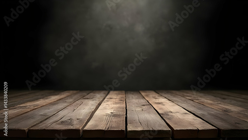 Rustic Wooden Plank Tabletop Against Dark Smokey Background Display