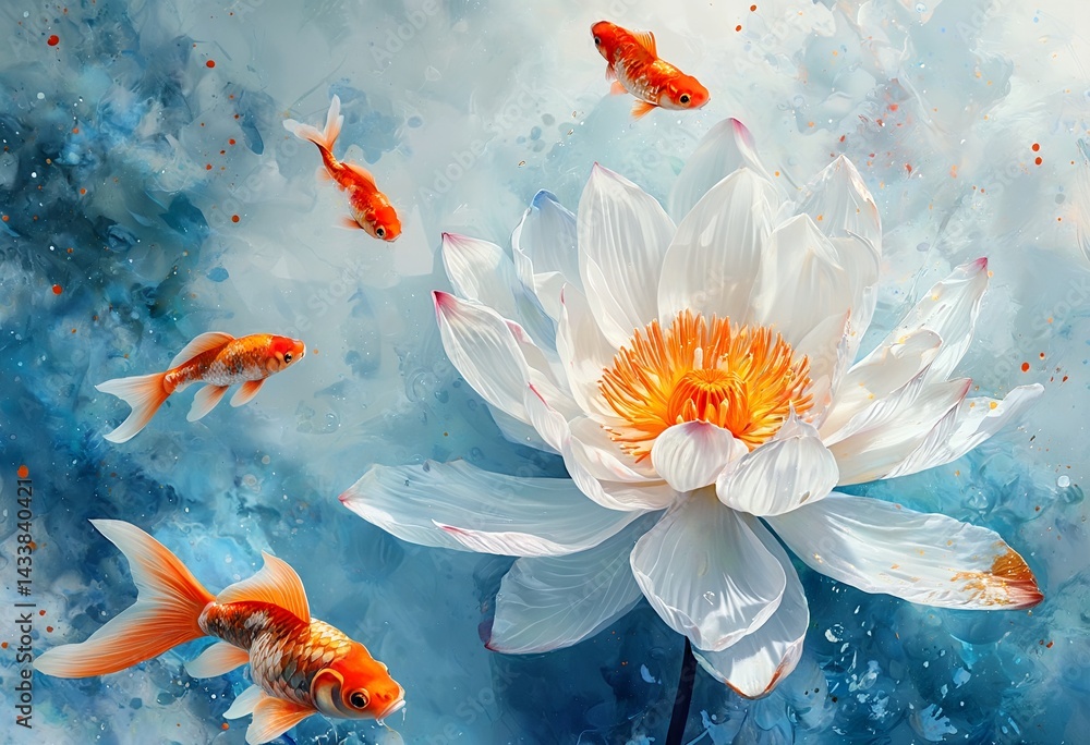 Naklejka premium a serene composition featuring a blooming white lotus flower surrounded by gracefully swimming golden goldfish against a textured blue background.