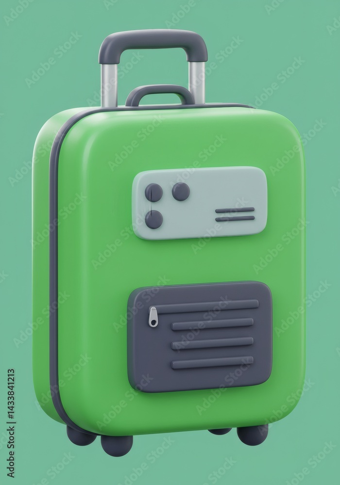A lime green suitcase with a retro-futuristic design on a pastel green backdrop A lime green suitcase with a retro-futuristic design on a pastel green backdrop