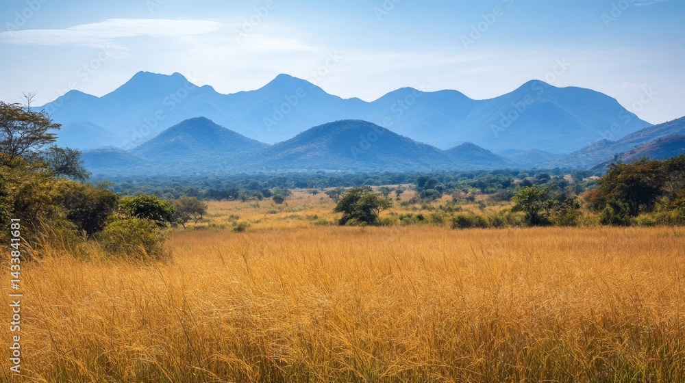 Fototapeta premium Golden Grassland and Distant Blue Mountains under a Clear Sky