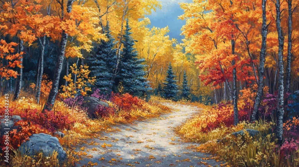 Fototapeta premium Autumnal Forest Path with Vibrant Fall Colors