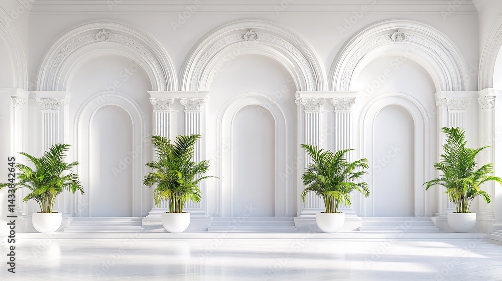 Elegant white interior with arched alcoves and palm trees Elegant white interior with arched alcoves and palm trees