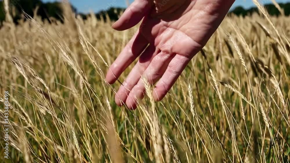 Hands gently caressing tall grass in breezy summer meadow landscape Hands gently caressing tall grass in breezy summer meadow landscape