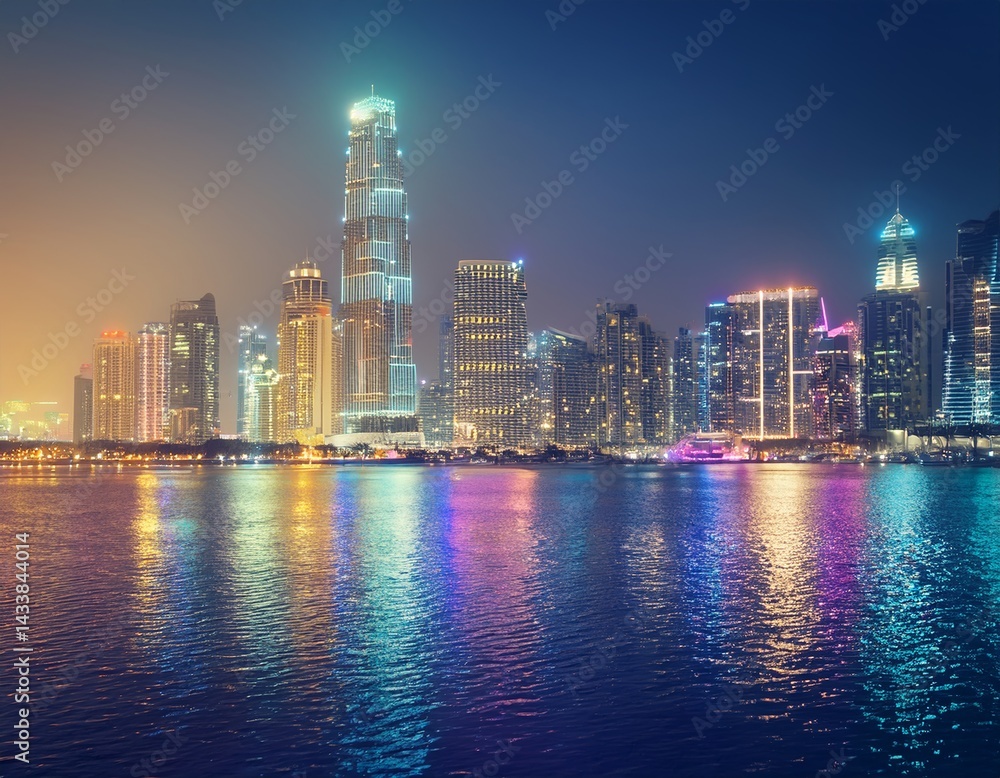 Fototapeta premium Vibrant Colorful Cityscape at Night with Glowing Towers and Water Reflections