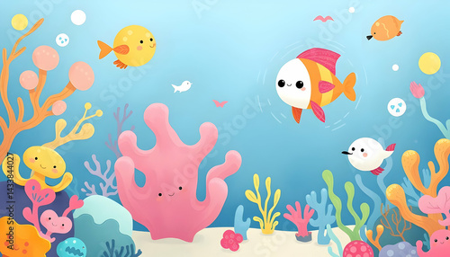 Colorful Underwater Coral Reef Scene With Cute Cartoon Fish