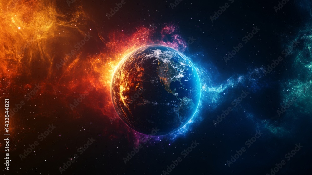 Fototapeta premium Fiery And Icy Planet In Cosmic Nebula