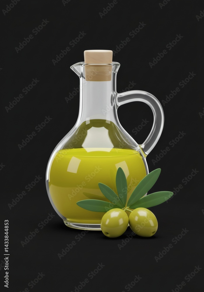 Elegant still life rendering featuring a bottle of olive oil and fresh olives Elegant still life rendering featuring a bottle of olive oil and fresh olives
