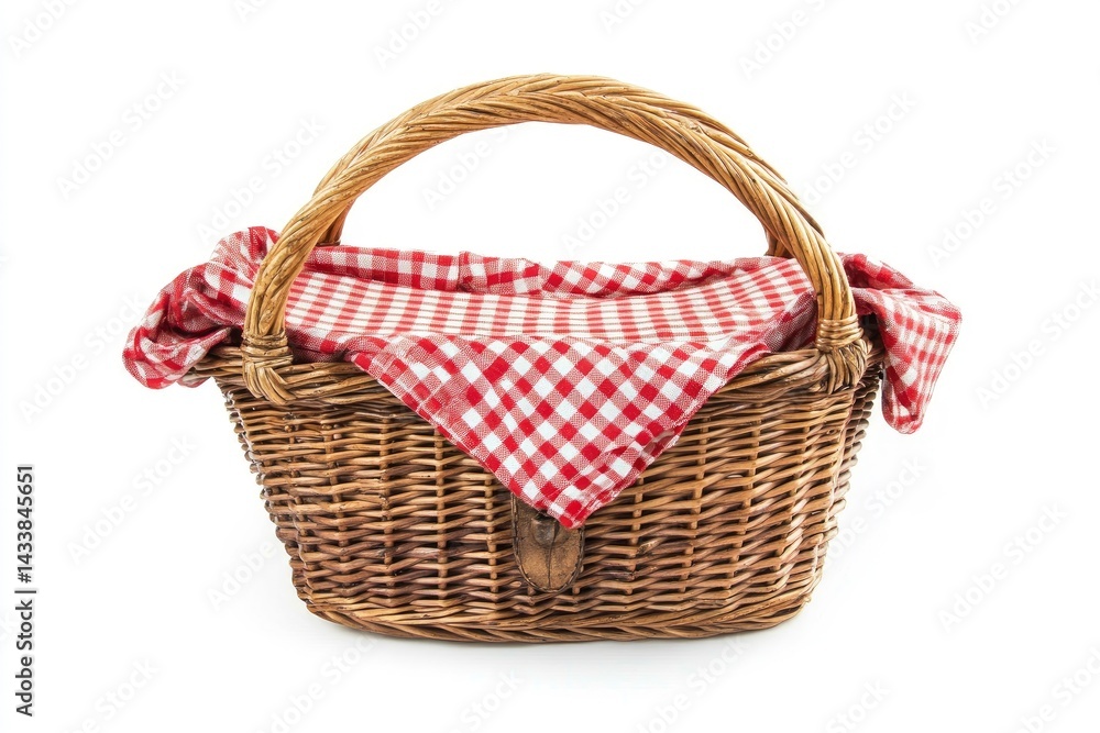 Wicker Basket with Red and White Gingham Cloth Wicker Basket with Red and White Gingham Cloth
