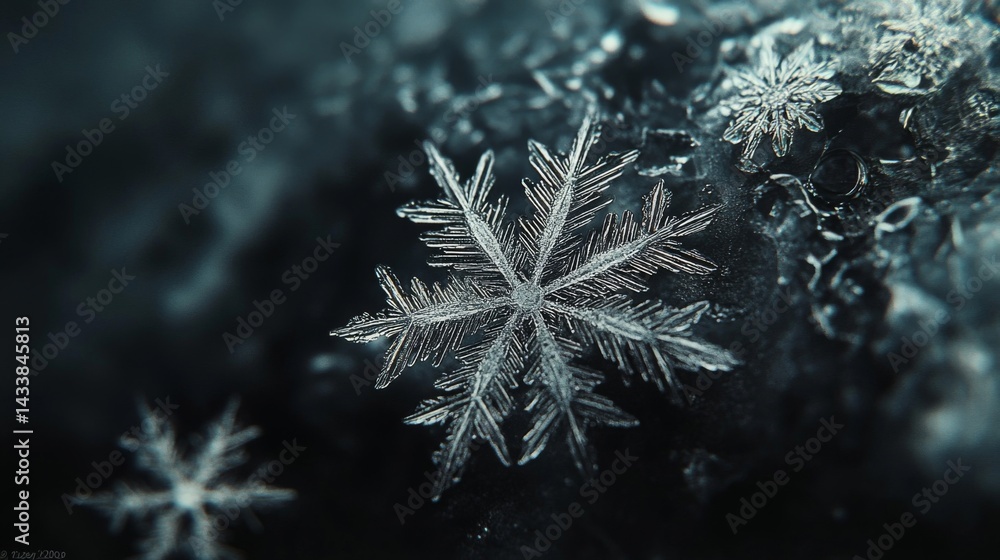 Obraz premium Detailed Closeup of a Single Snowflake on Dark Background