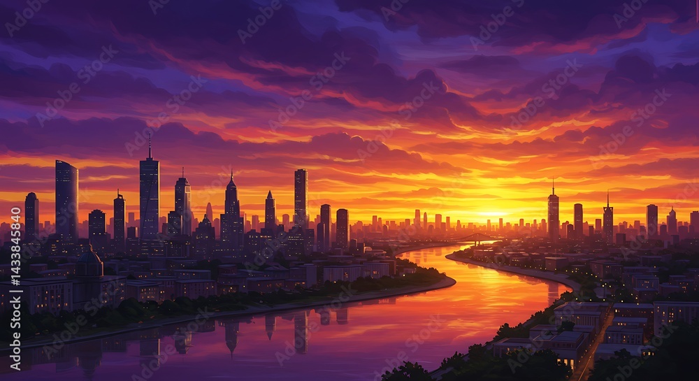 Naklejka premium Crimson City's Embrace AI Generated