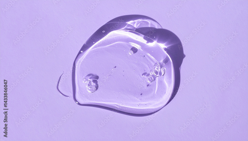 Fototapeta premium Transparent hyaluronic acid, gel or serum smear texture on purple backdrop. Moisturizing, skin care