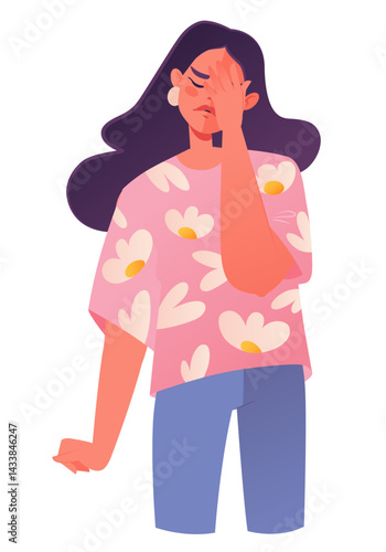 Annoyed and disappointed young woman. Dissatisfied face partially covered by hand in facepalm gesture, other hand clenched into fist in helplessness before overwhelmed emotions. Vector illustration