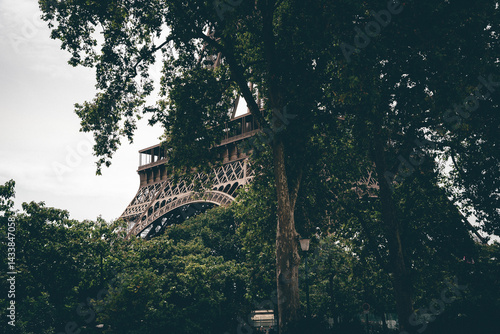 View of the lower part of the Eiffel Tower, partially obscured by green trees, creating a natural frame for the iconic Parisian monument.