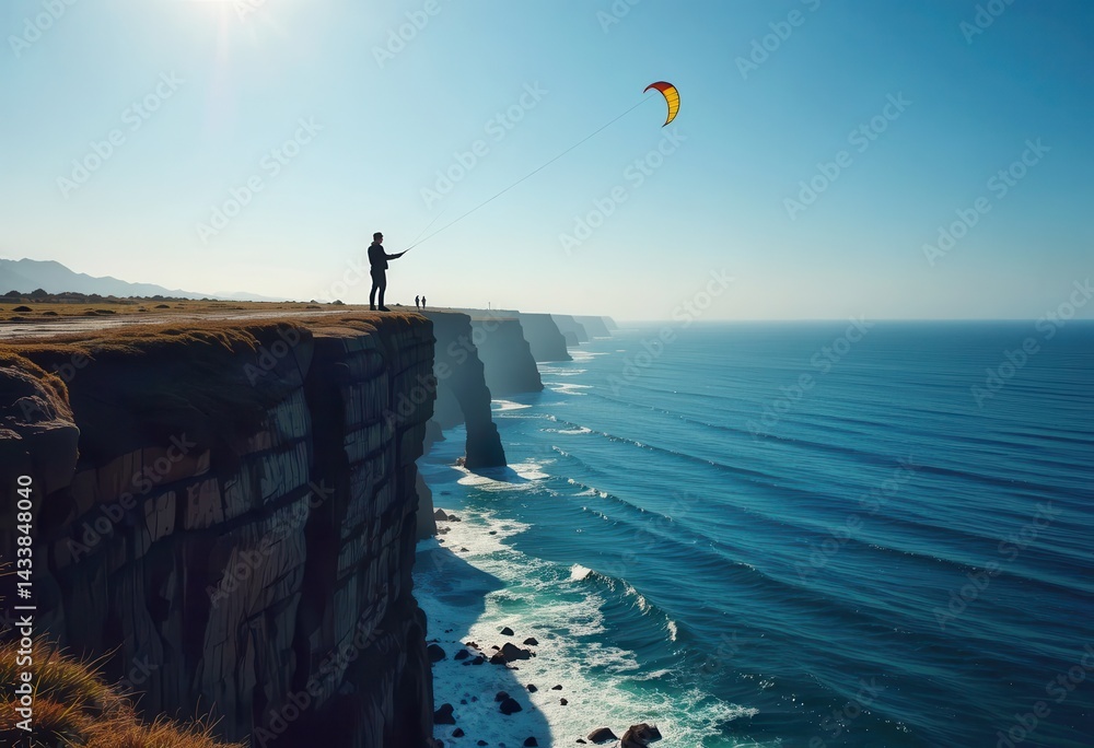 Naklejka premium Kite surfing on a rugged cliff overlooking the ocean during a clear day