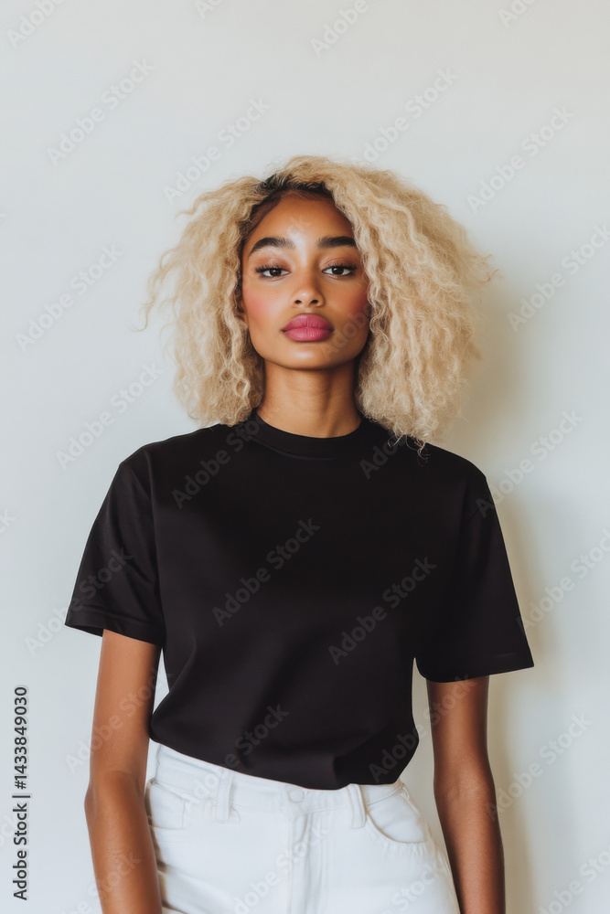 Fashion model posing in black t shirt and white jeans Fashion model posing in black t shirt and white jeans