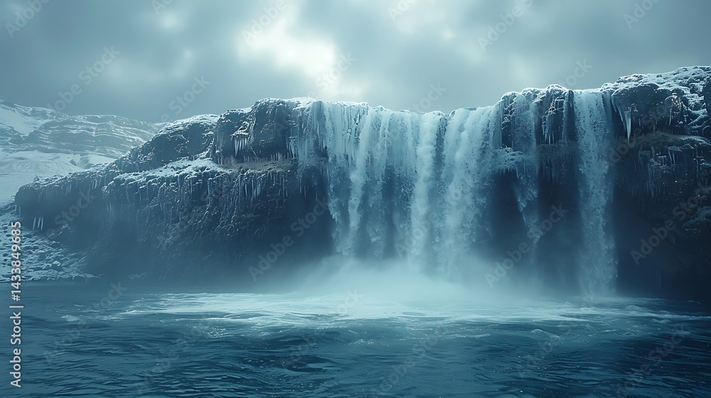 Naklejka premium Glacier Melting Into Waterfall Over Cliff Edge, Dramatic Global Warming Visual