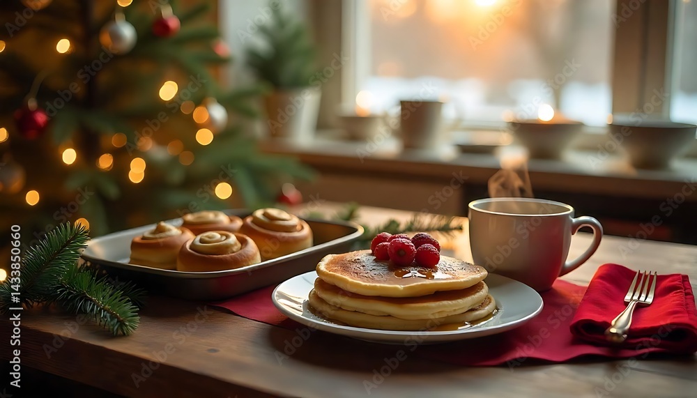 Fototapeta premium Cozy Christmas Breakfast Pancakes and Cinnamon Rolls by the Window