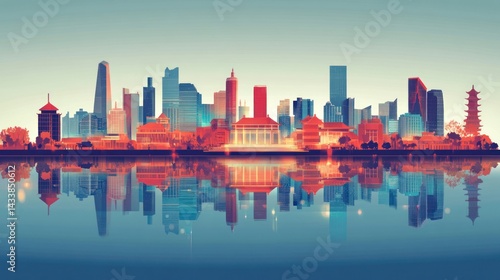 Cityscape sunrise reflection, urban skyline, waterfront, calm water, travel poster
