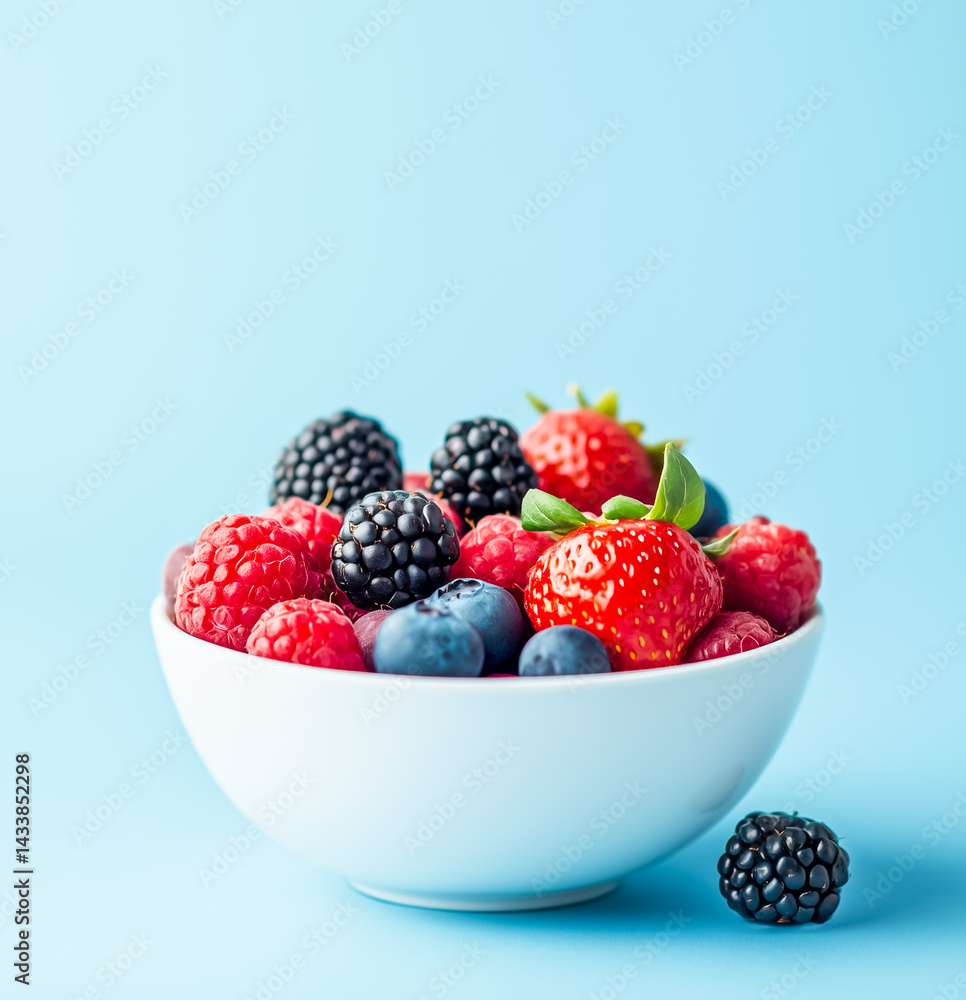 A vibrant bowl of fresh berries including strawberries, blueberries, raspberries, and blackberries on a blue background. A vibrant bowl of fresh berries including strawberries, blueberries, raspberries, and blackberries on a blue background.