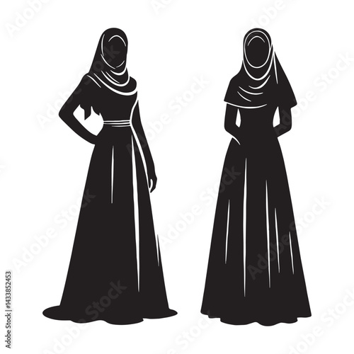 Contemporary Hijab Fashion silhouette, urban modest elegance – Hijab Fashion illustration – Minimalist Hijab Fashion vector – Ladies dress silhouette

